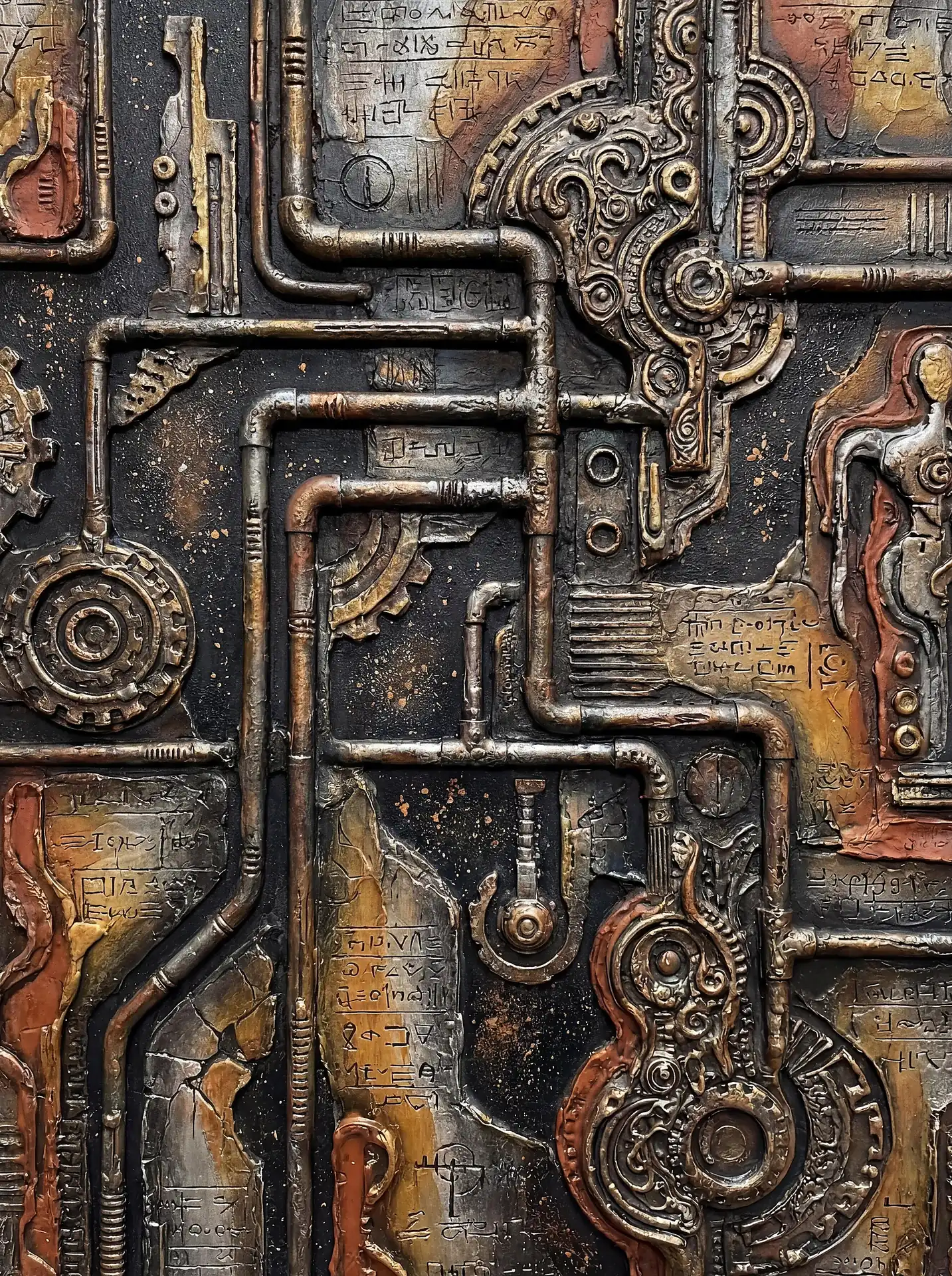 Flowing through rigid channels, metallic pipes and gears intertwine with stone-like tablets etched in mysterious ancient symbols. This mixed-media sculptural piece features a rich palette of weathered bronze, copper, and silver against a dark, speckled background, creating a mood of historical mystery and mechanical complexity. Artwork by Constantine Cheshire