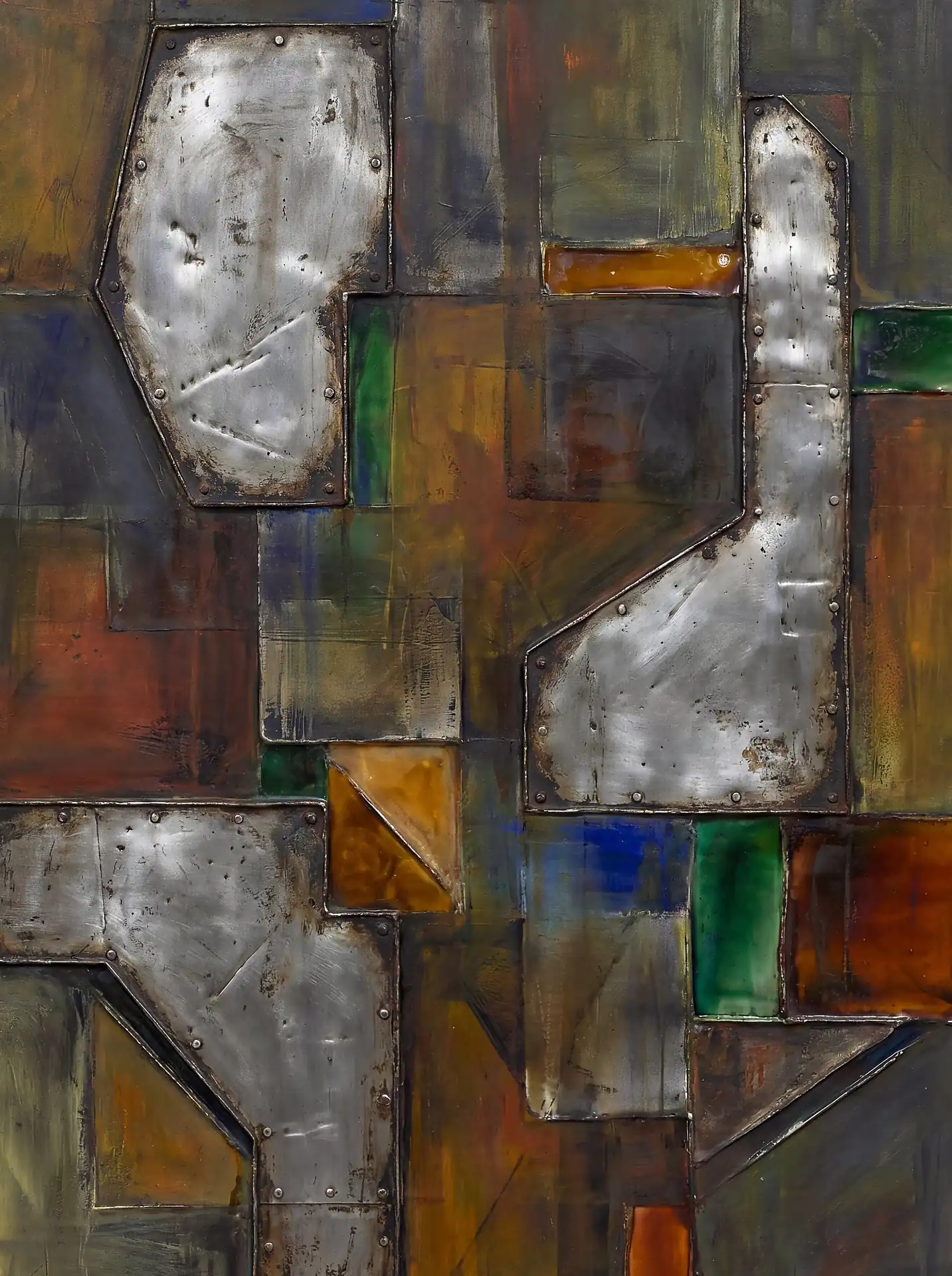 Flowing across the canvas, riveted steel plates overlap a rich tapestry of weathered oil paints in this industrial mixed-media piece. Earthy tones of ochre and rust contrast with cool metallic textures and geometric pops of blue and emerald green to create a rugged, mechanical mood. Artwork by Constantine Cheshire