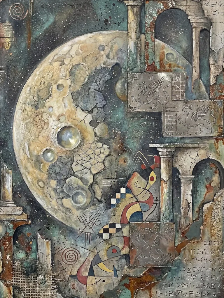 Cool teal and oxidized bronze tones illuminate a massive textured moon set behind ancient crumbling ruins. This symbolic composition blends mythical griffins and dragons with celestial geometry to create a sense of timeless mystery. Artwork by Constantine Cheshire