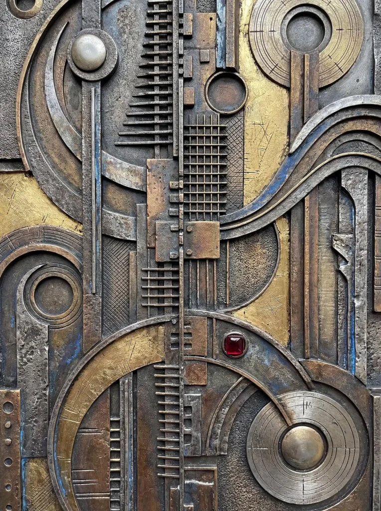 Mysterious and industrial, this intricate relief sculpture features weathered bronze gears, geometric circles, and a single piercing red gemstone. The mixed metal medium combines brass, iron, and copper tones into a complex architectural design perfect for a steampunk or high-tech aesthetic. Artwork by Constantine Cheshire